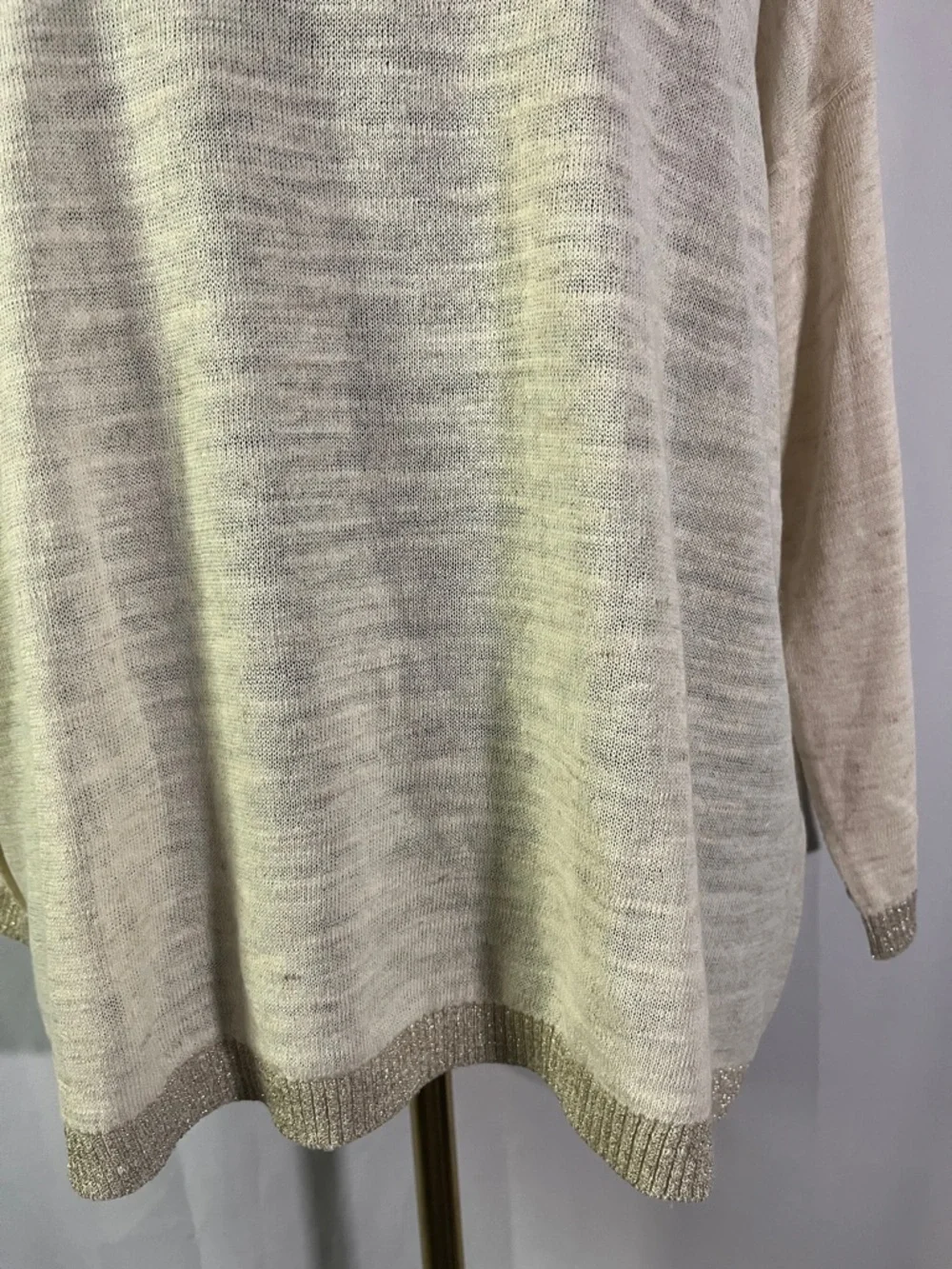 NWT LOFT Cream Gold Shimmer Trim 3/4 Sleeve Linen Blend Sweater